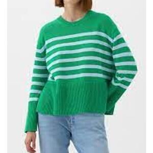 GAP Split Hem Long Sleeve Striped Cotton Crewneck Sweater Green Large
